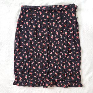 Vintage 90s Rose Ruffle Skirt Flower Buttons Black Size 6 Cottagecore Red Floral